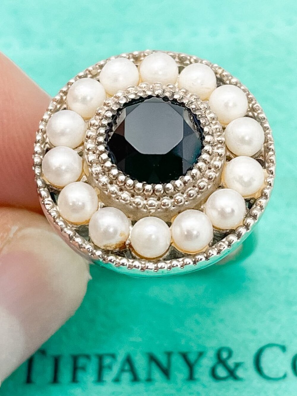REPAIRED Tiffany & Co. Ziegfeld Onyx & Pearl Halo Cocktail Ring Silver Size 5.5
